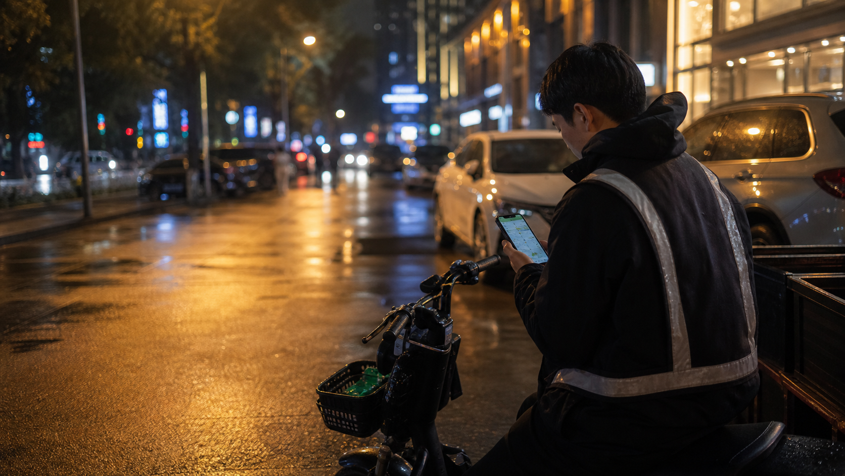 夜间街区中代驾司机等待订单并查看手机地图。